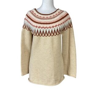 Sundance Womens Sweater Beige Fair Isle Cotton Nylon Wool Pullover